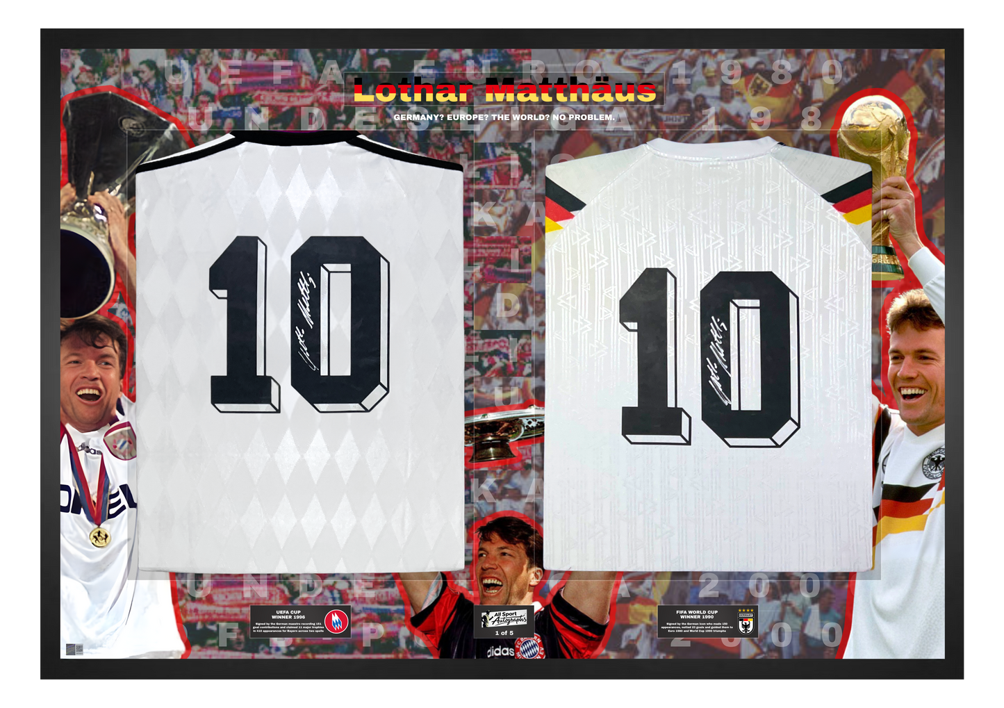 Lothar Matthäus Double Signed Retro Bayern Munich & West Germany Shirts- 'Germany? Europe? The World? No Problem'