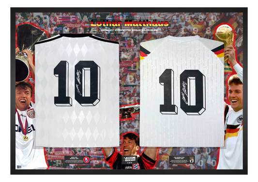 Lothar Matthäus Double Signed Retro Bayern Munich & West Germany Shirts- 'Germany? Europe? The World? No Problem'