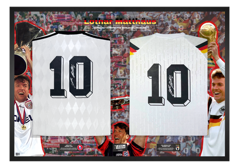 Lothar Matthäus Double Signed and Framed Official Limited Edition Bayern Munich & West Germany Shirts- 'Germany? Europe? The World? No Problem' Auction